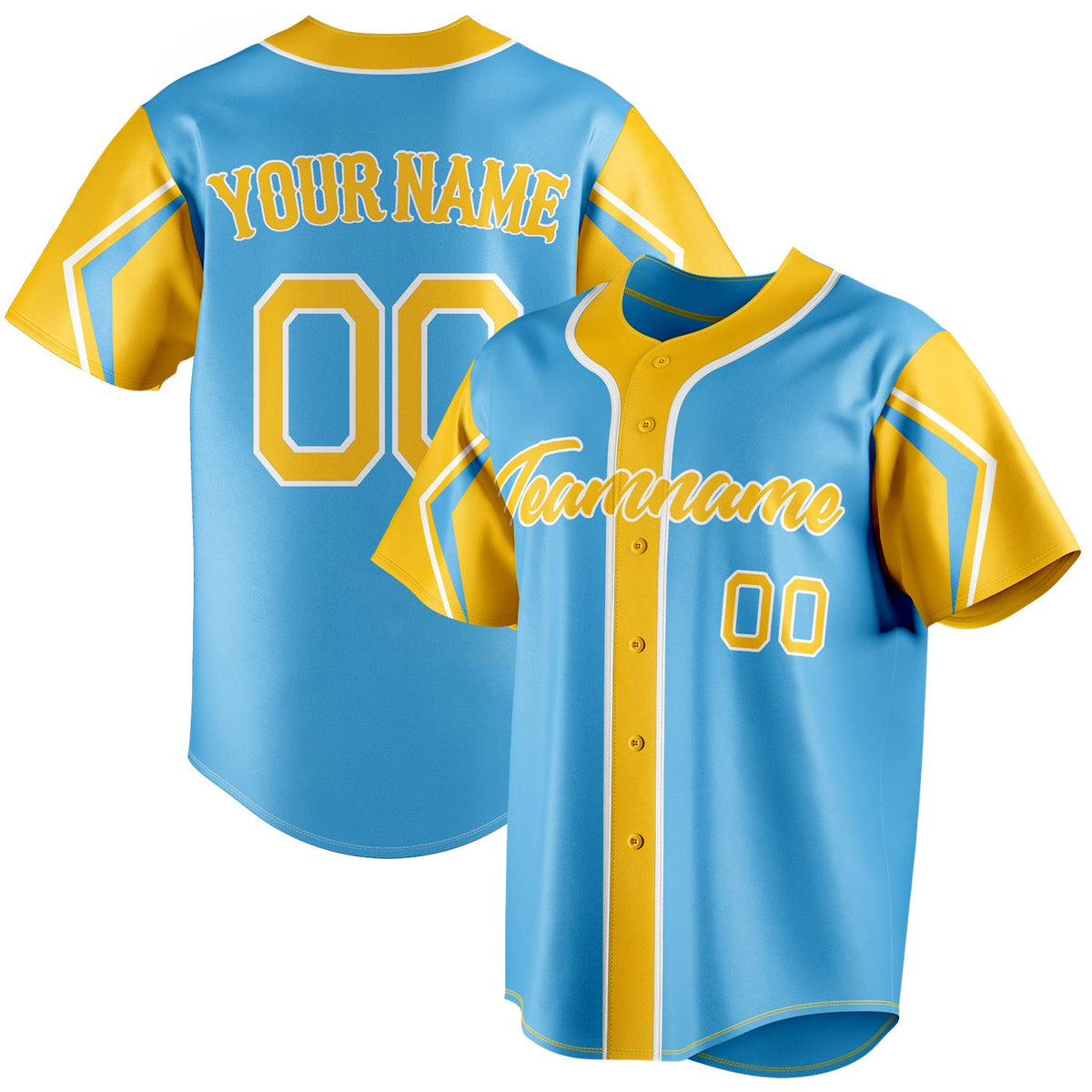 Custom Sky Blue & Yellow 3 Colors Arm Shapes Fan Baseball Jersey BB01240530WX309