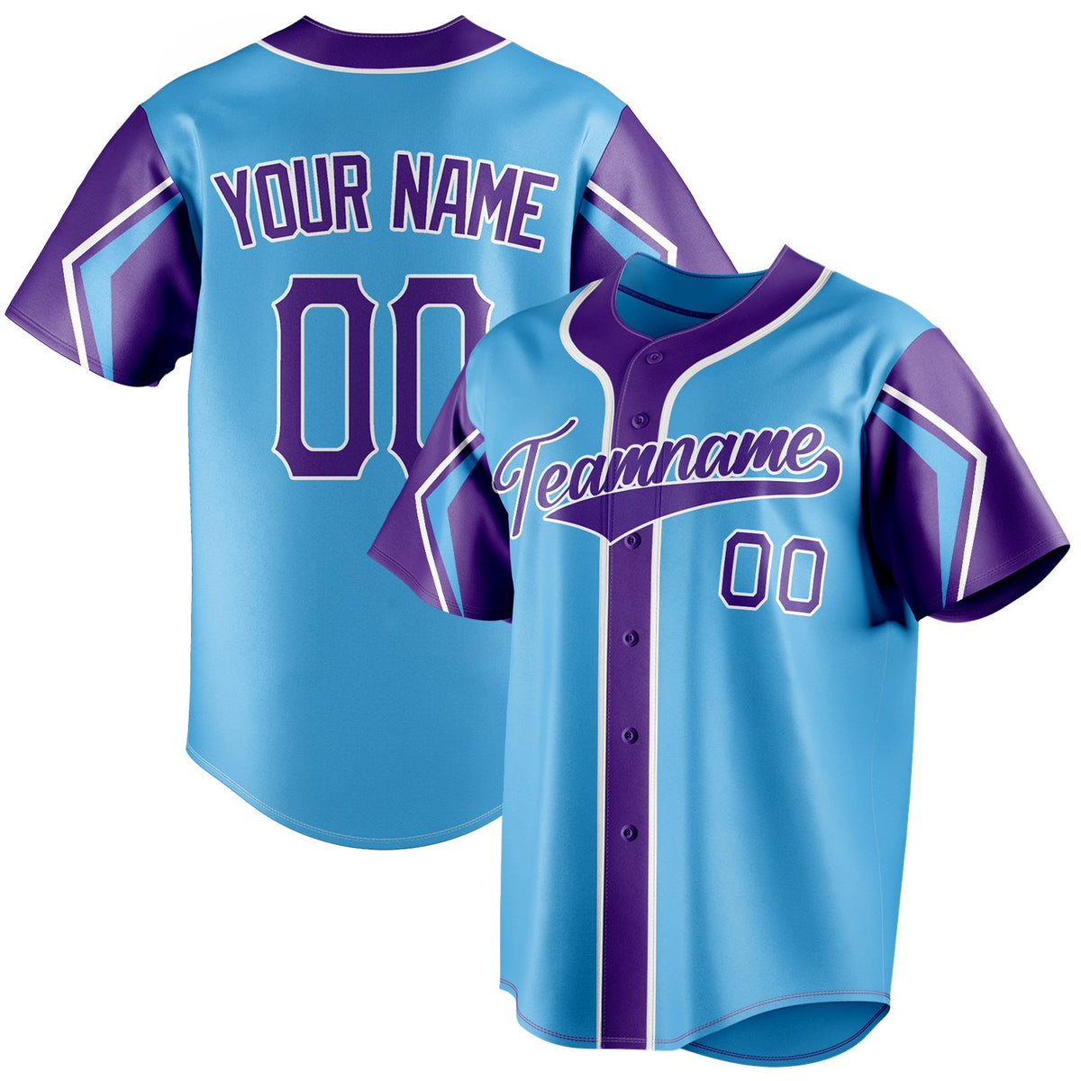 Custom Sky Blue & Purple 3 Colors Arm Shapes Fan Baseball Jersey BB01240530WX312