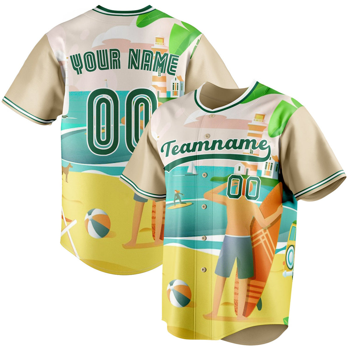 Custom Sand & Green 3D Pattern Tropical Beach Hawaii Palm Fan Baseball Jersey BB01240530WX385