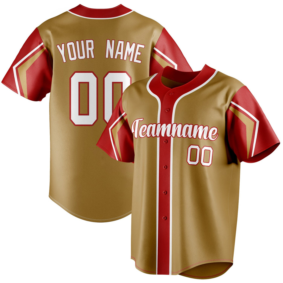 Custom Old Gold & Red 3 Colors Arm Shapes Fan Baseball Jersey BB01240531WX523