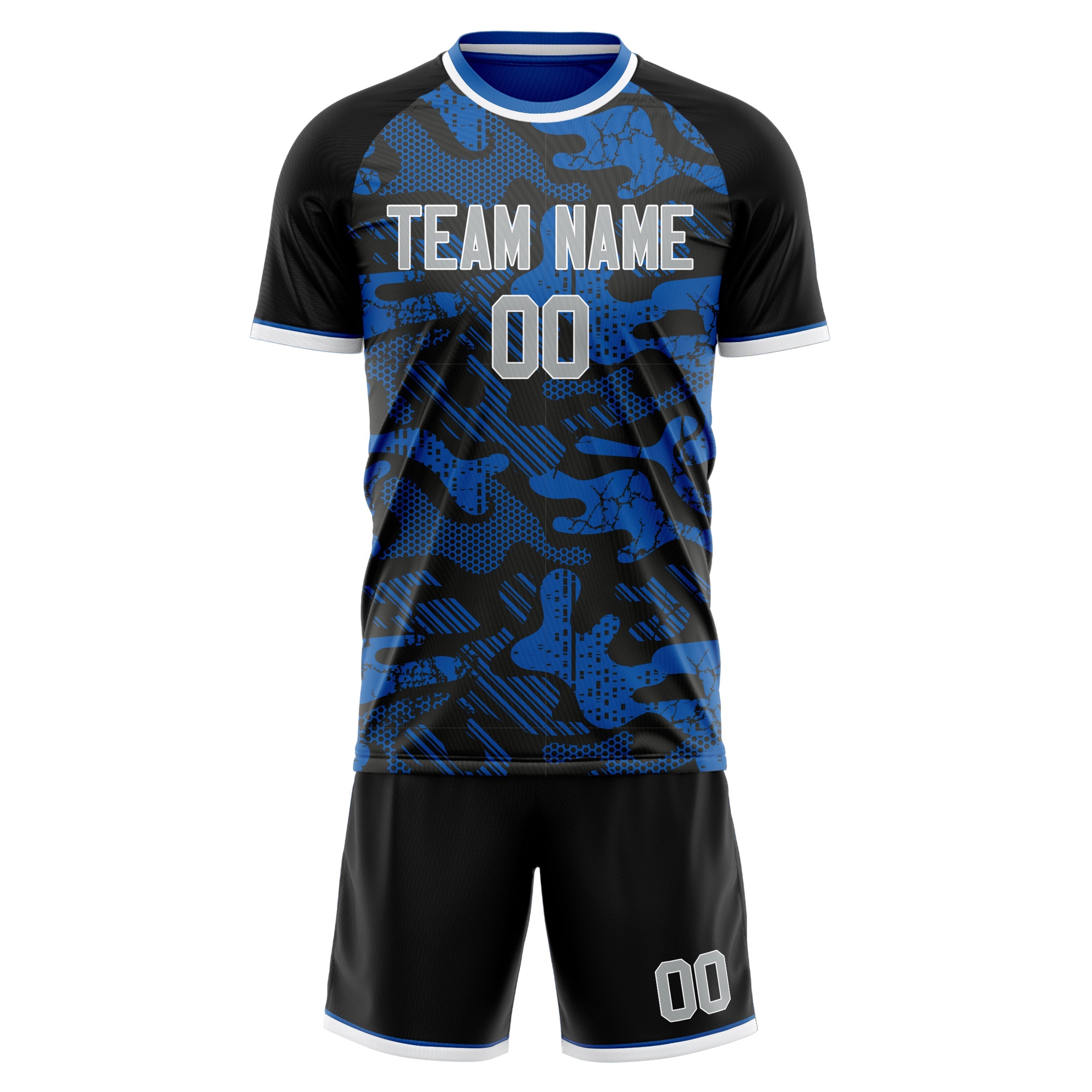 Custom Blue Black Pattern Soccer Jersey