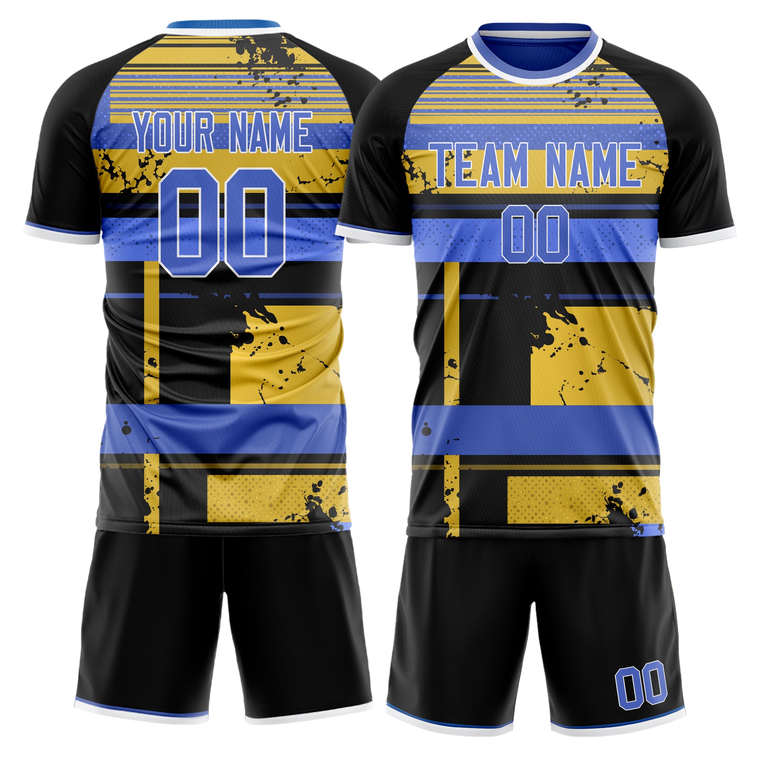 Custom Black Blue Pattern Soccer Jersey