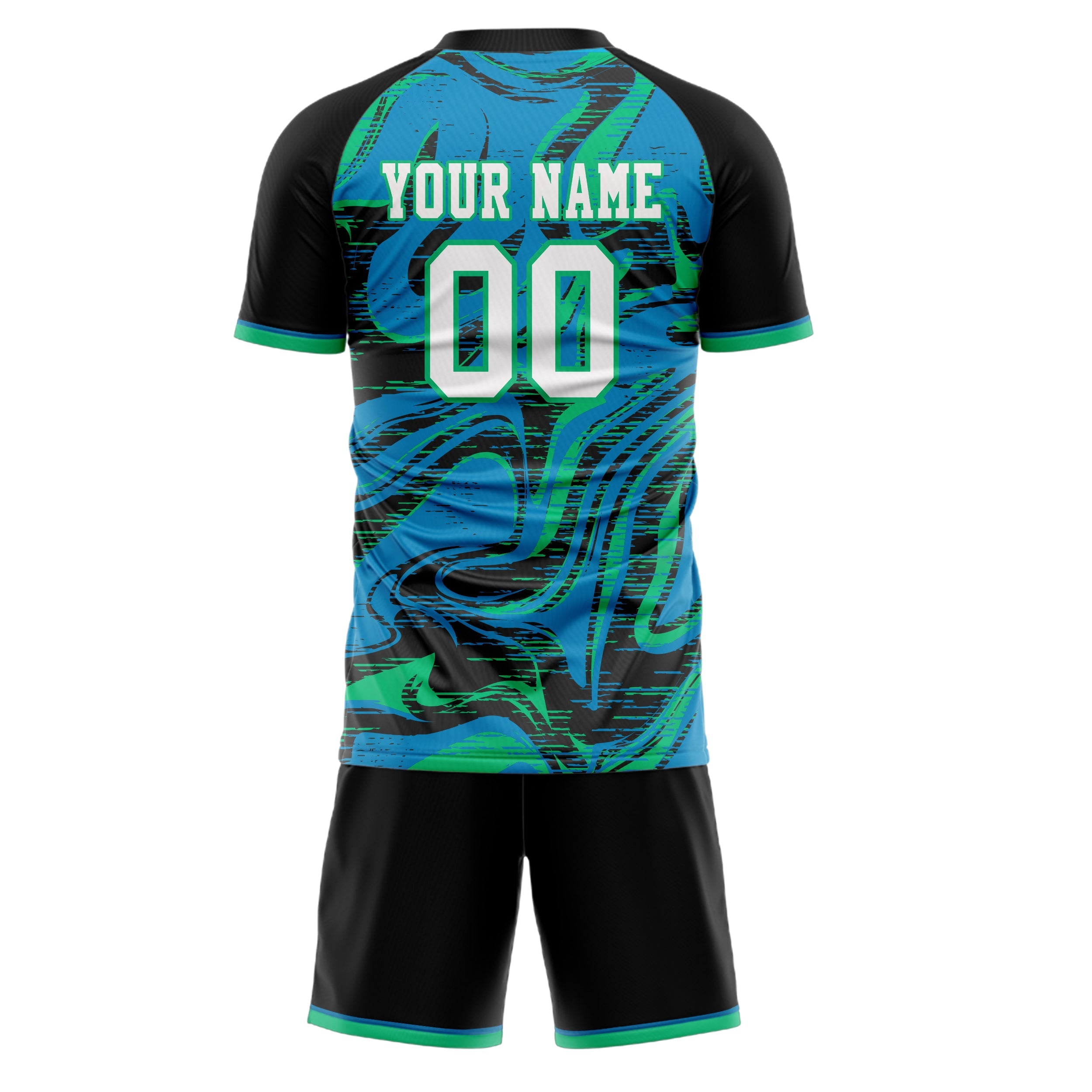 Custom Black Teal Pattern Soccer Jersey