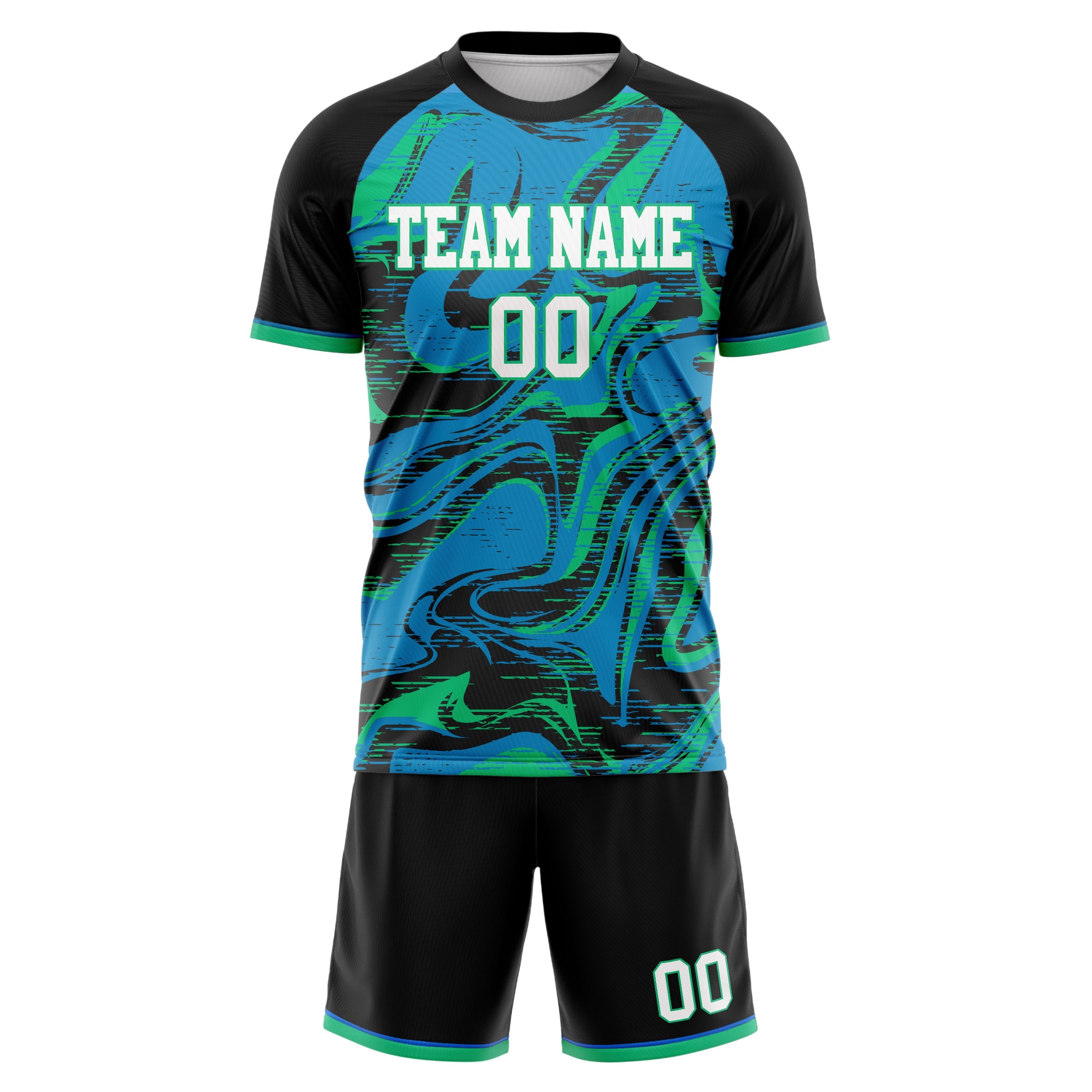 Custom Black Teal Pattern Soccer Jersey