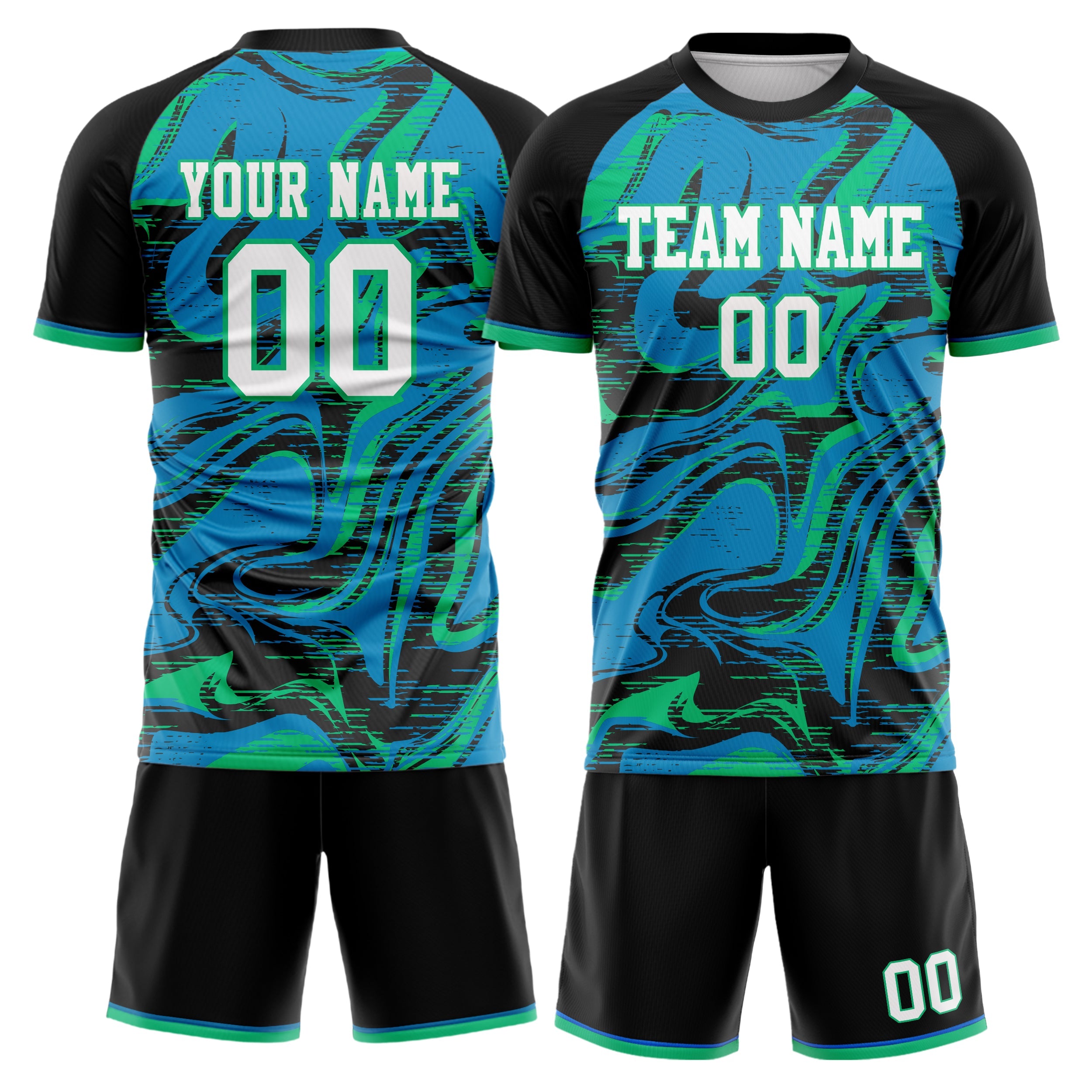 Custom Black Teal Pattern Soccer Jersey
