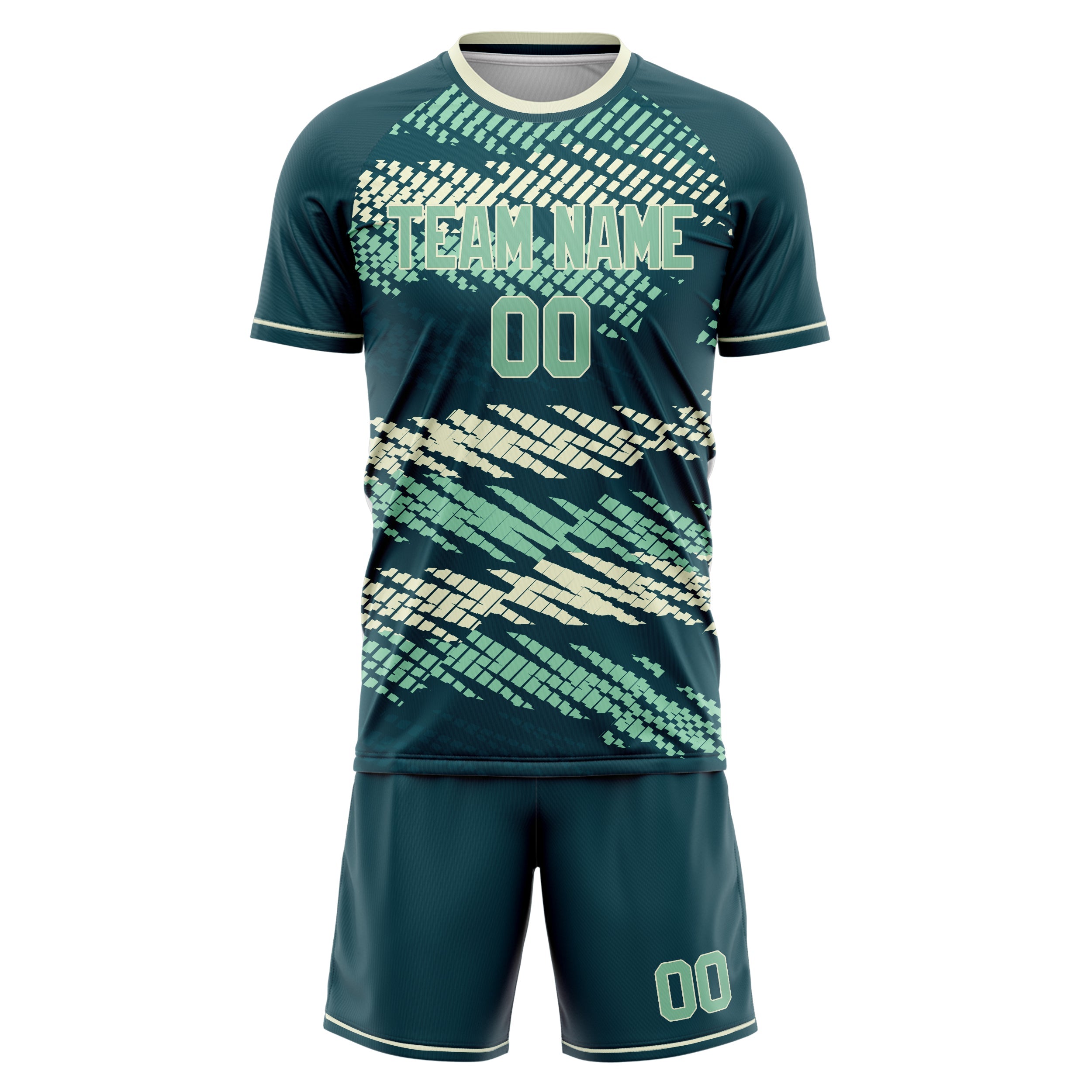 Custom Blue Green Cream Pattern Soccer Jersey