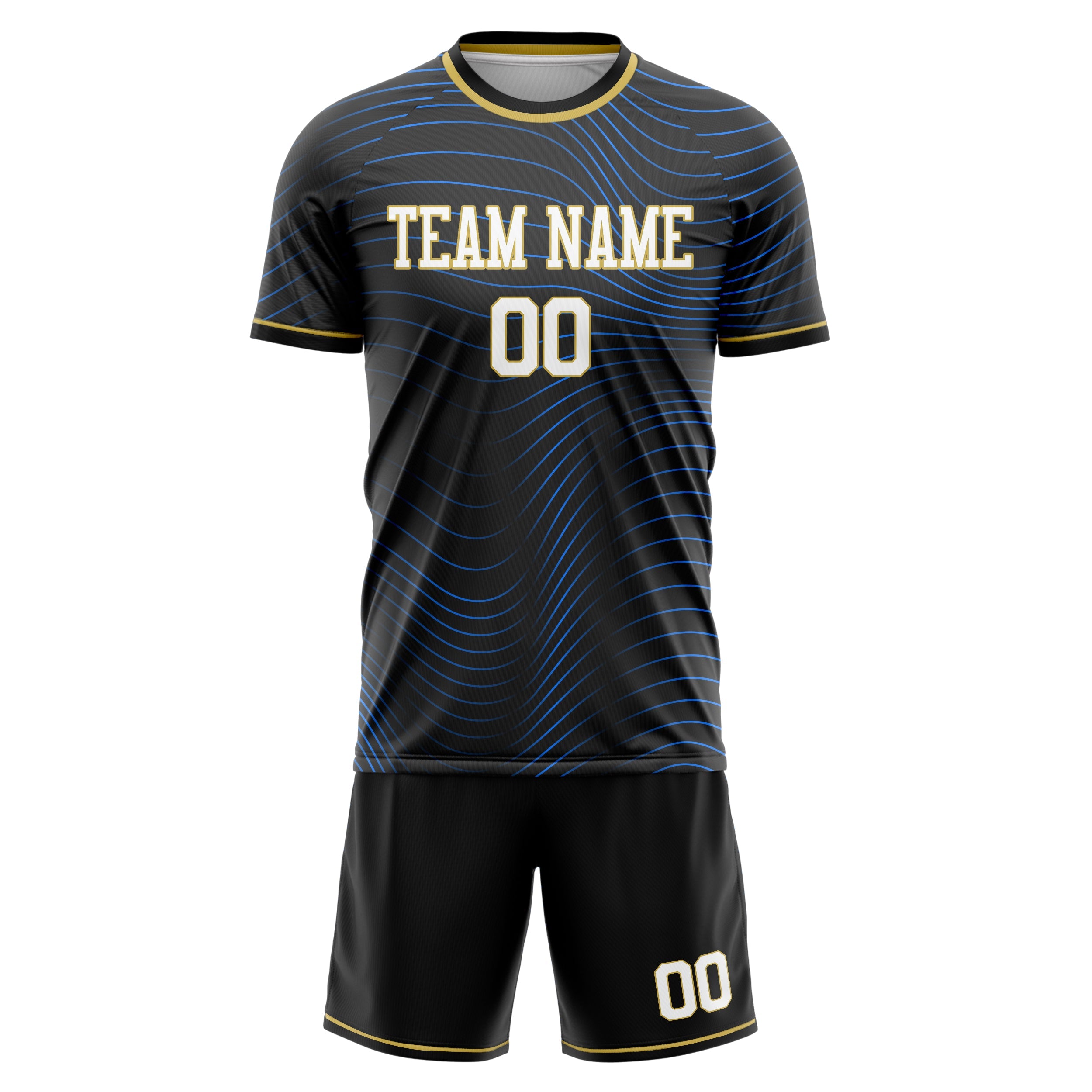 Custom Black Blue Pattern Soccer Jersey