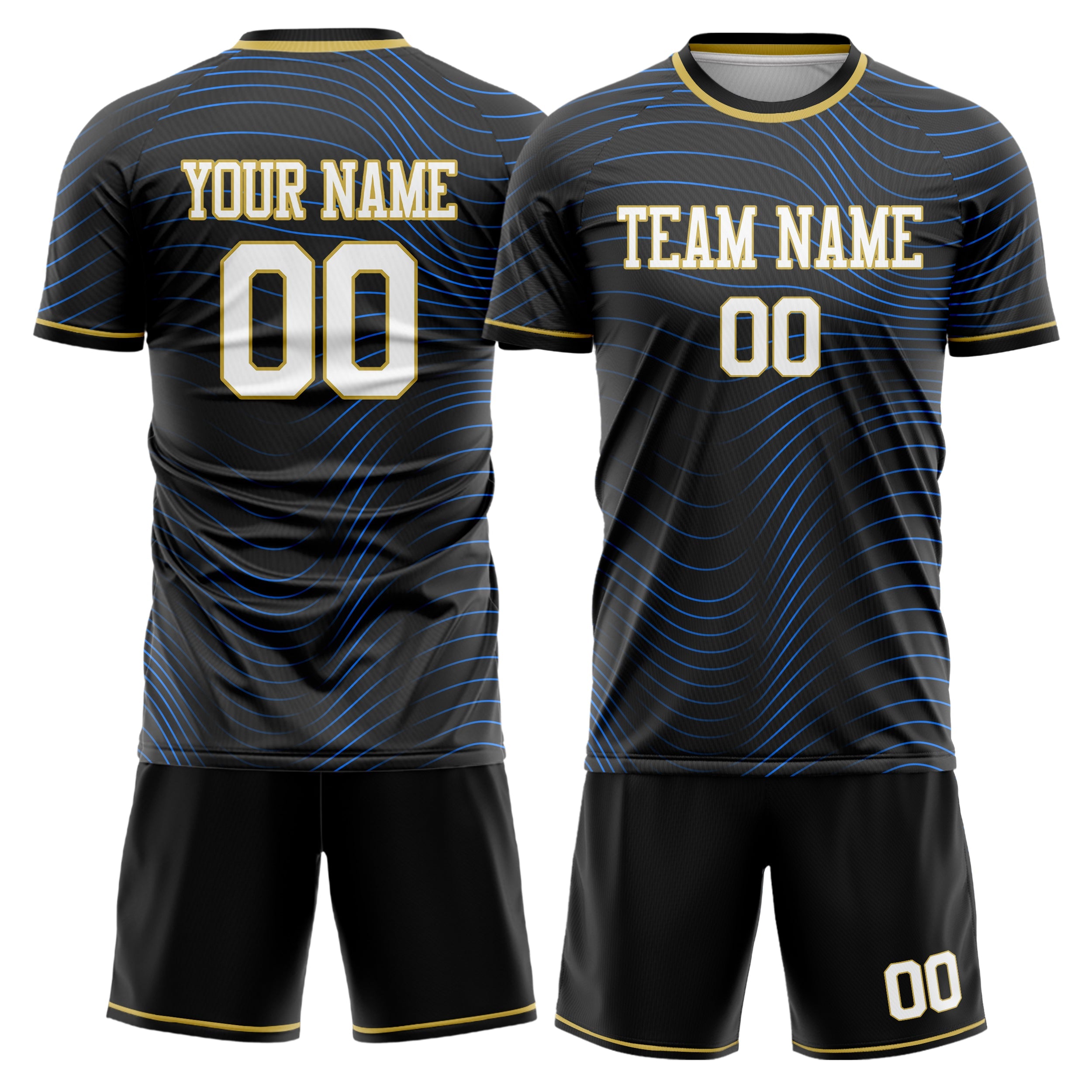 Custom Black Blue Pattern Soccer Jersey