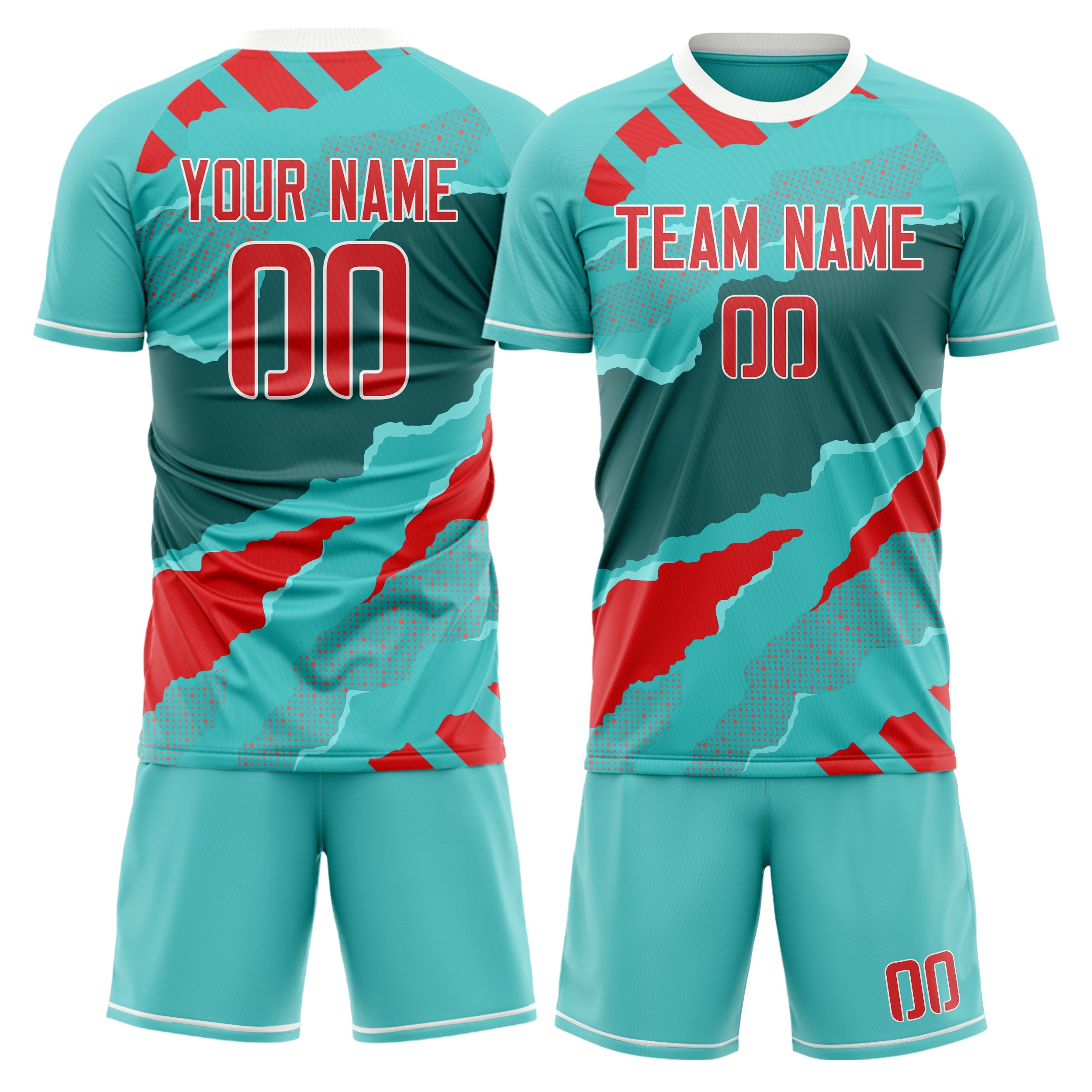 Custom Teal Red Pattern Soccer Jersey