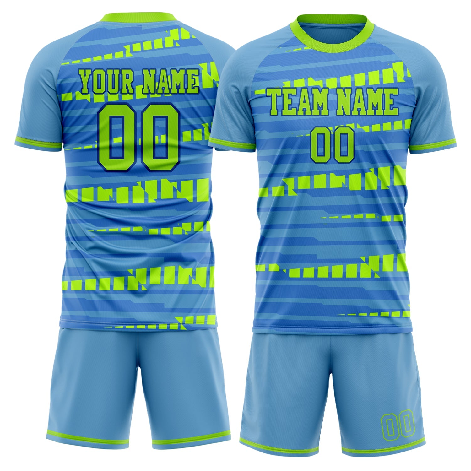 Custom Light Blue Neon Green Pattern Soccer Jersey