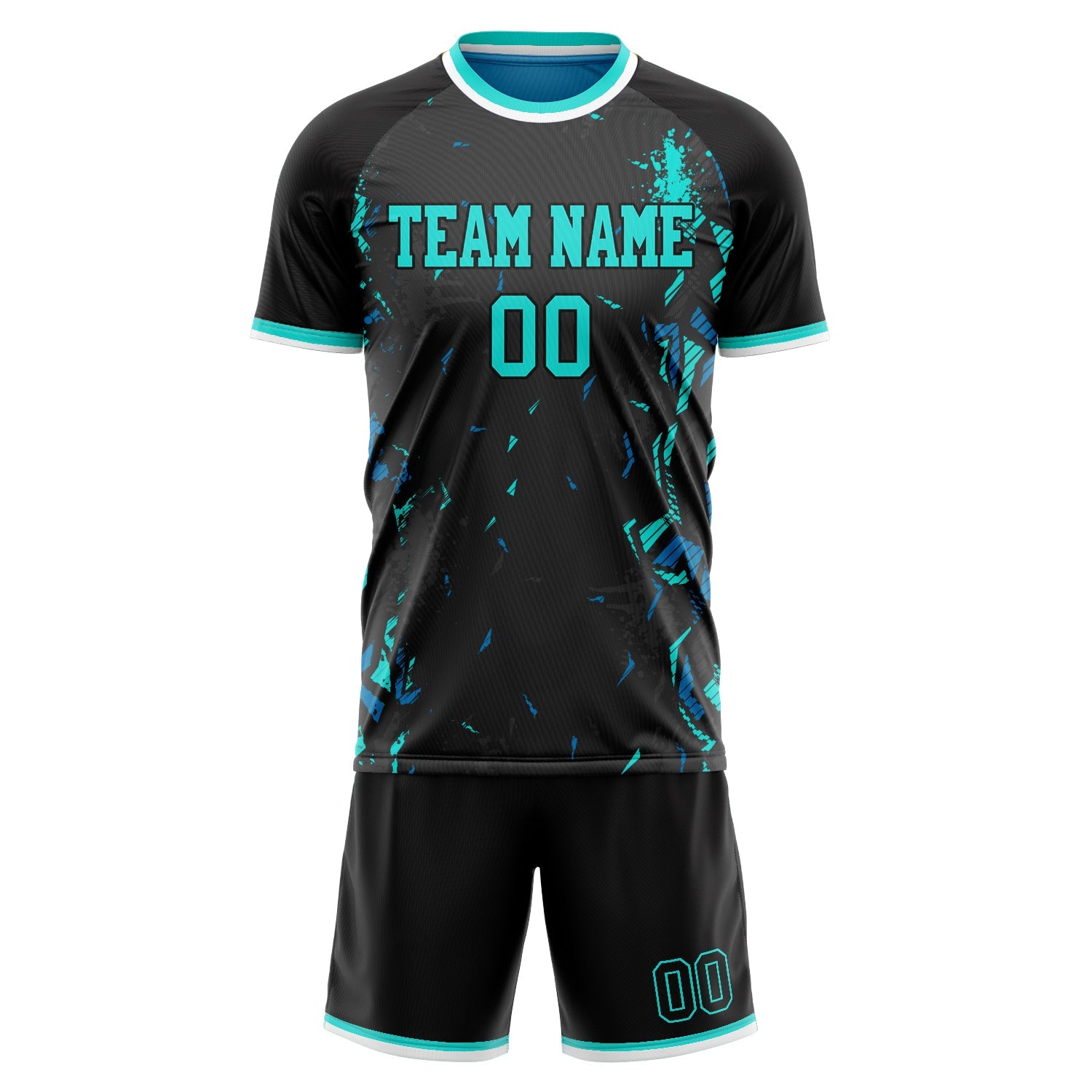 Custom Black Teal Pattern Soccer Jersey