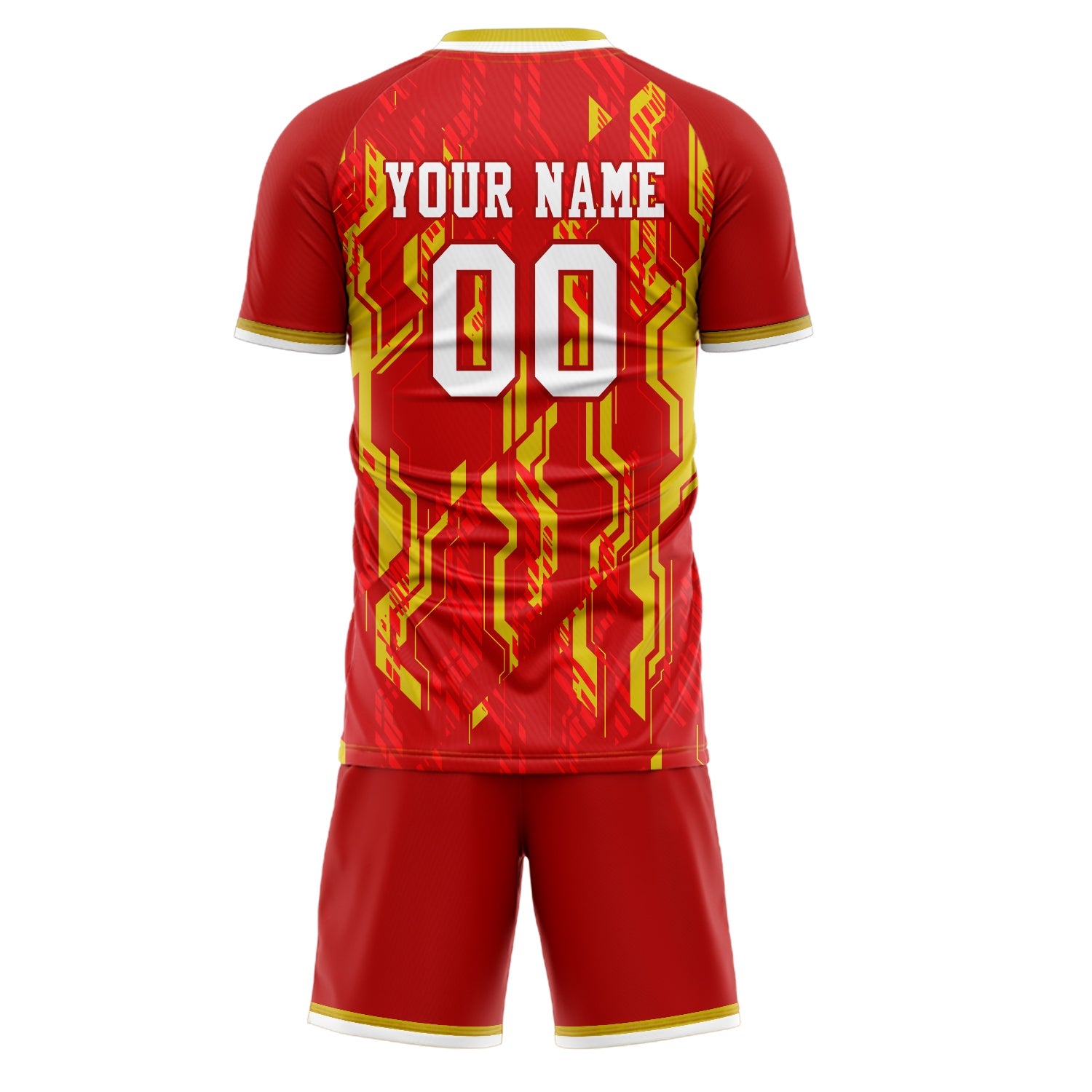 Custom Red Gold Pattern Soccer Jersey