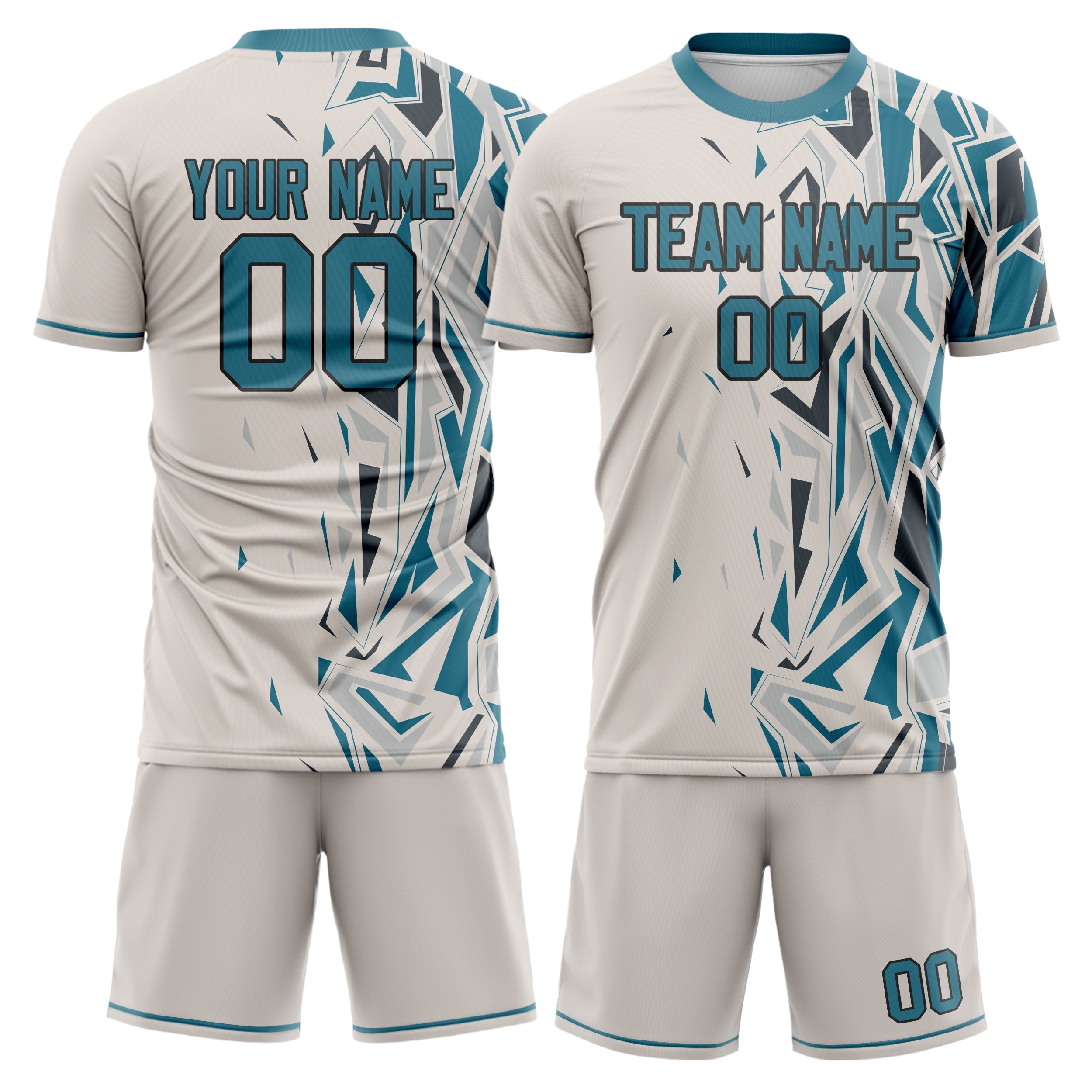 Custom Cream Teal Pattern Soccer Jersey