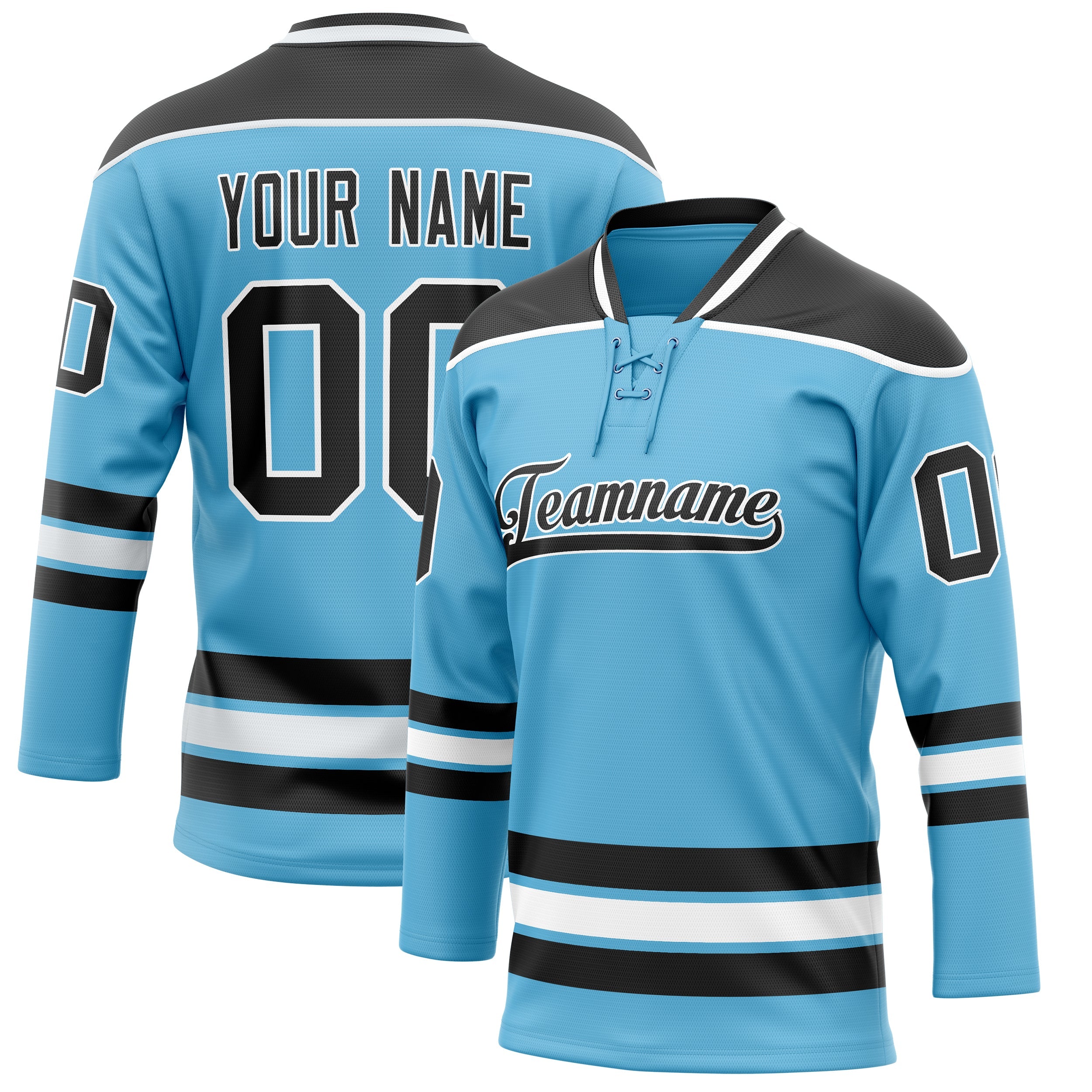 Custom Sky Blue Black Solid Colour Hockey Jersey