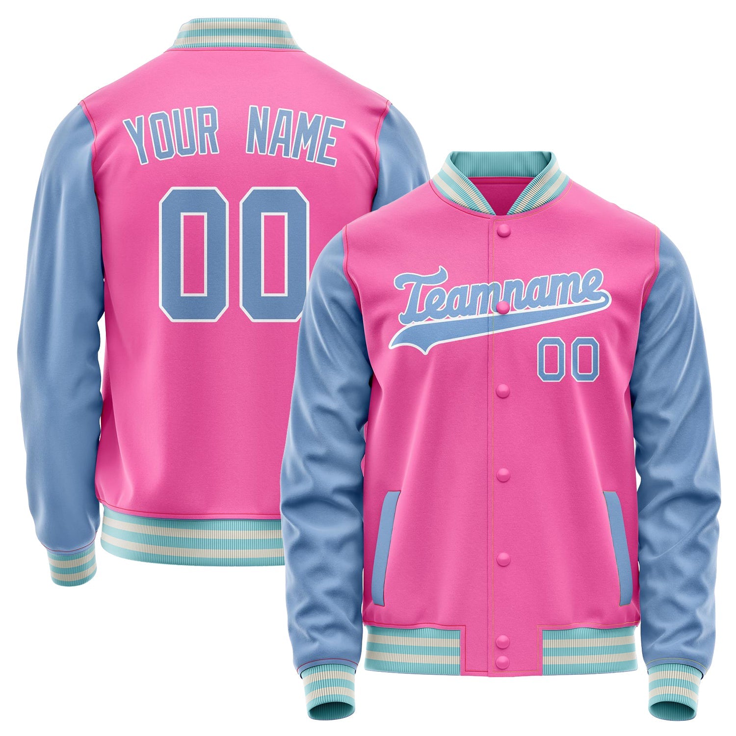 Custom Pink Light-Blue Solid Color Varsity Letterman Jacket JA02240617SH320