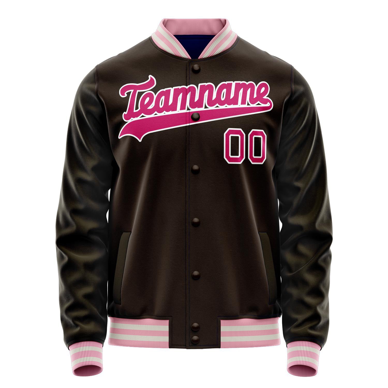 Custom Brown Pink Solid Color Varsity Letterman Jacket JA02240617XF072