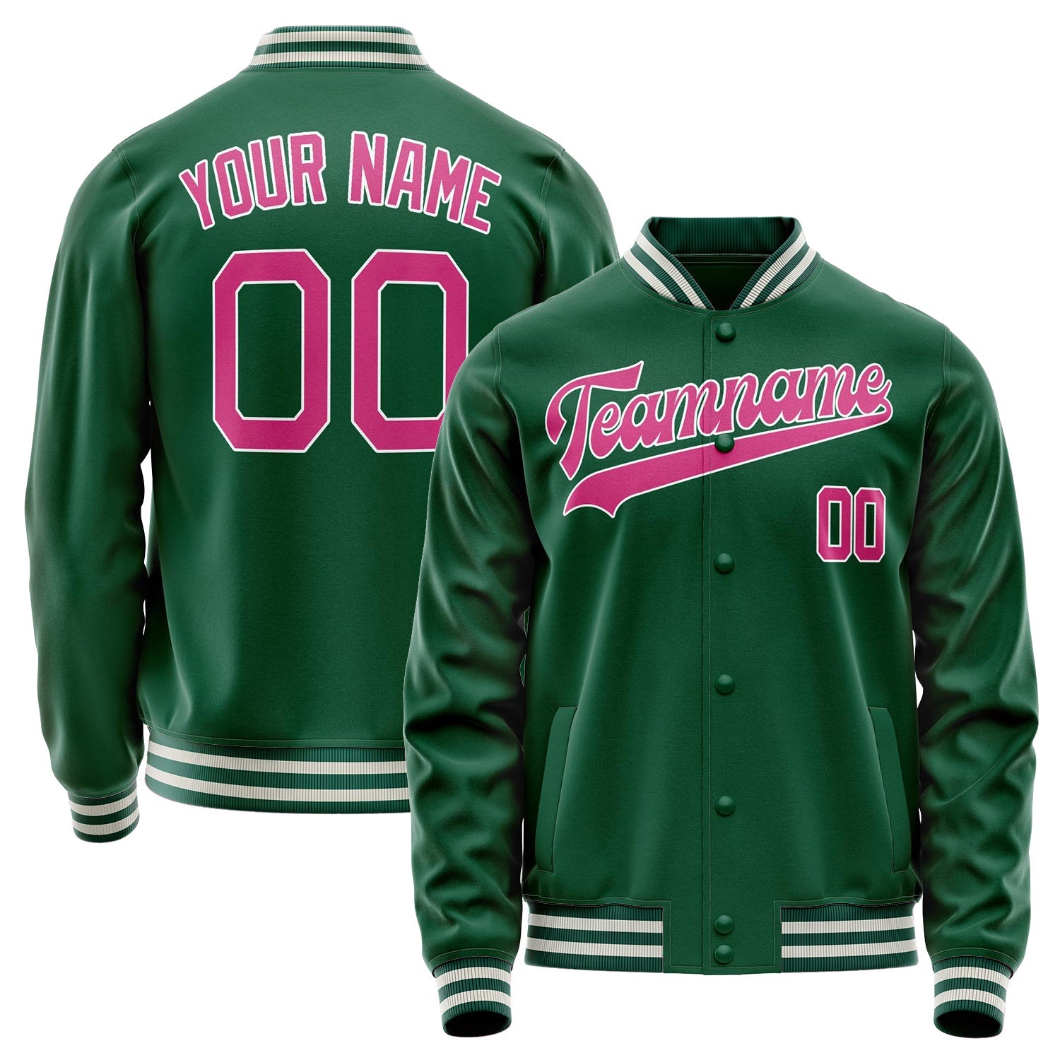 Custom Kelly-Green Pink Solid Color Varsity Letterman Jacket JA02240617ZF216